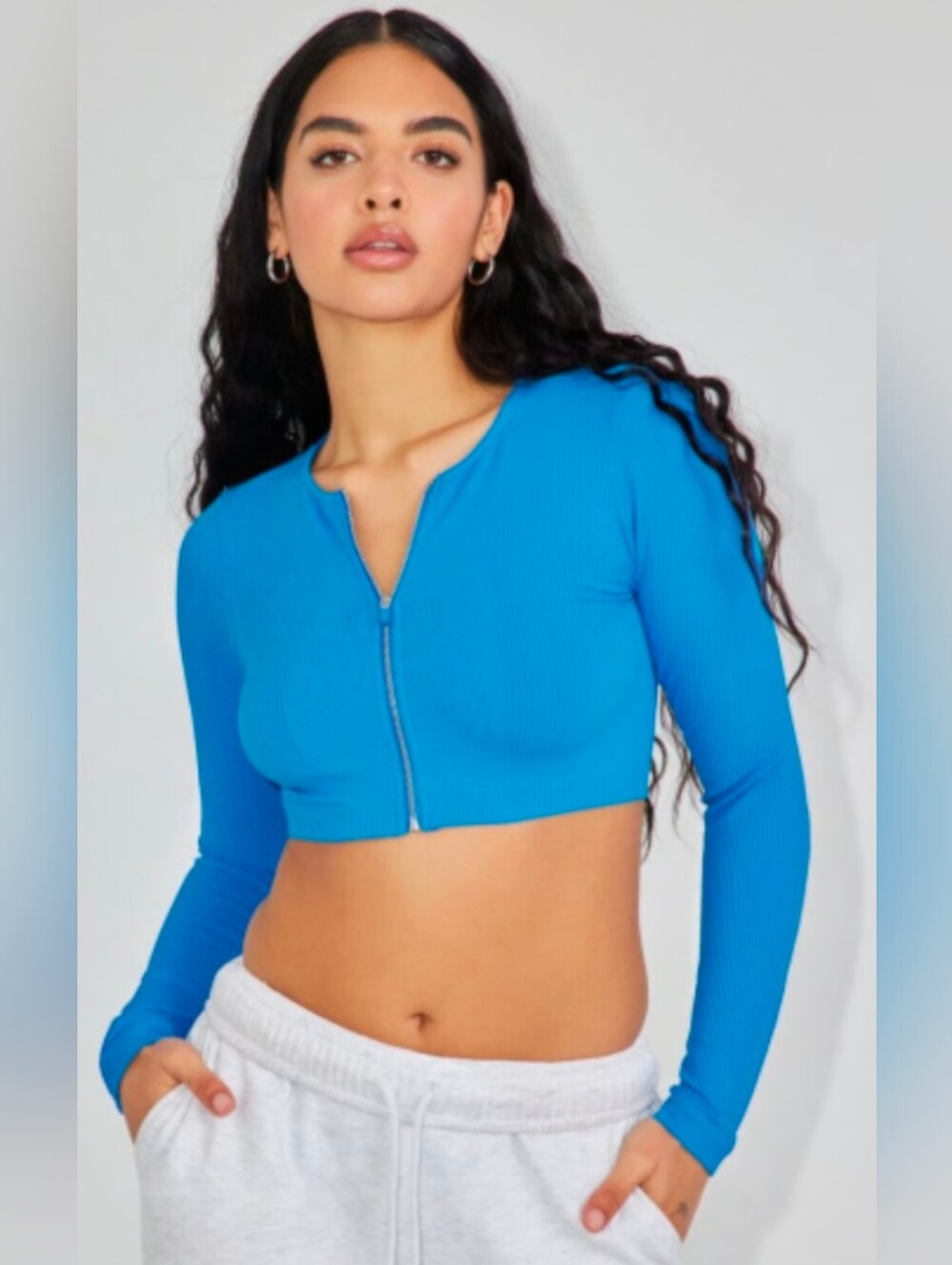 Garage Cropped Zip-Front Long Sleeve Ribbed Top - Blue | Size S